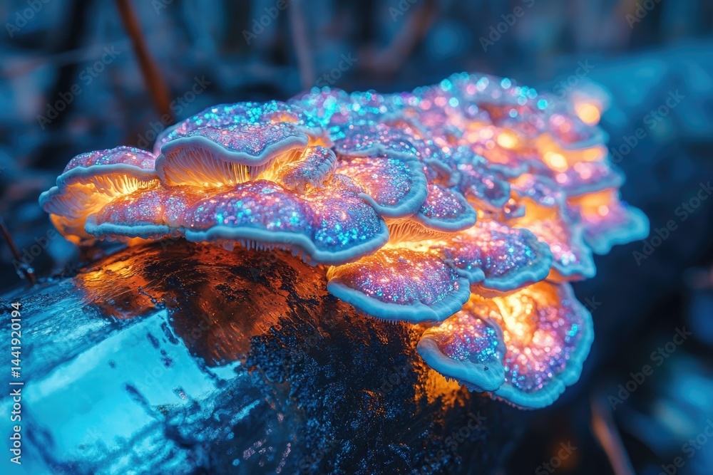 Poster glowing cluster of iridescent mushrooms on a dark log, magical forest scene.