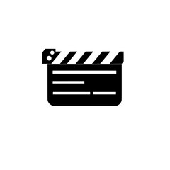 Modern black clapperboard icon with horizontal line details for use in digital video content creation