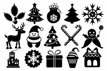 Christmas black and White Icon Set silhouette And White Background