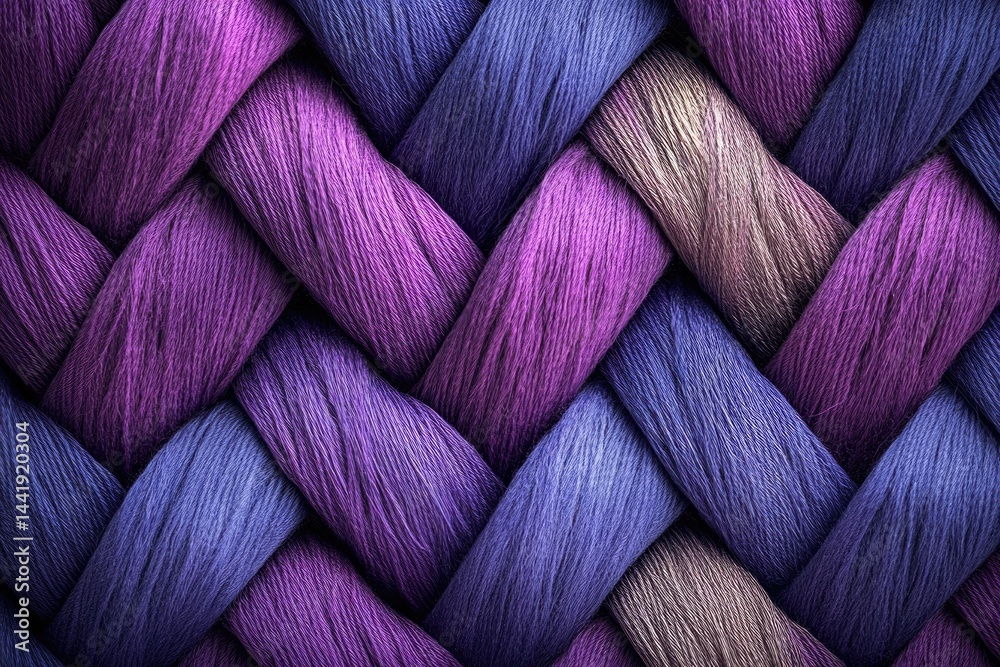 Aufkleber a close-up shot of interwoven purple and blue yarn, creating a textured braid pattern.