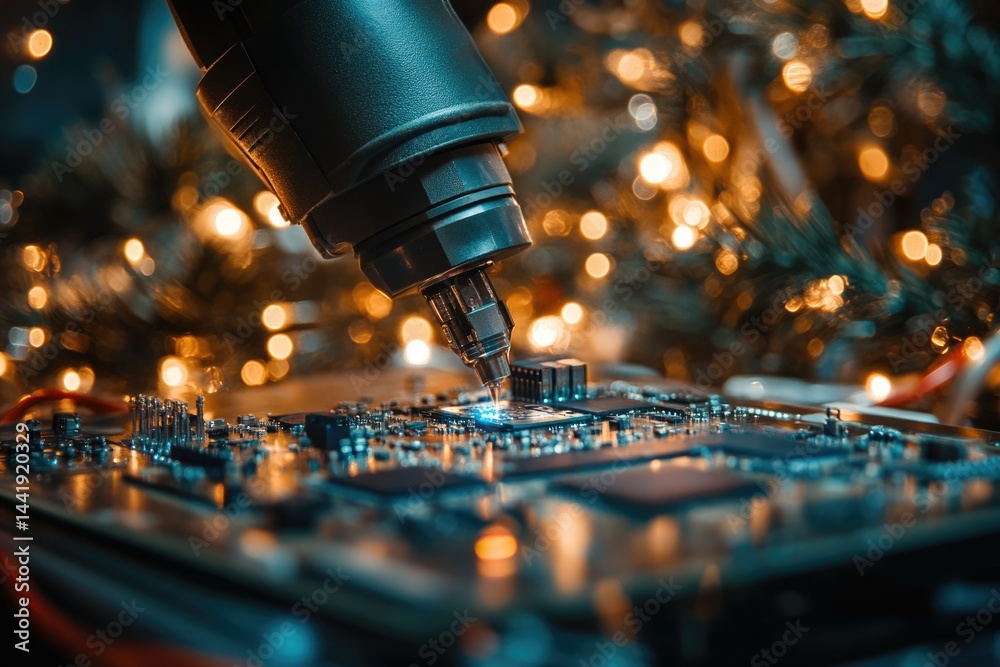 Poster Precise soldering tool meticulously placing a microchip onto a circuit board against a festive Christmas lights backdrop.