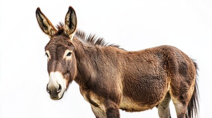 A brown donkey standing with long ears, isolated on a white background