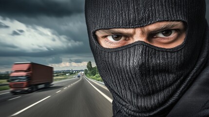 Intense expression of a masked figure on a highway with trucks under a stormy sky
