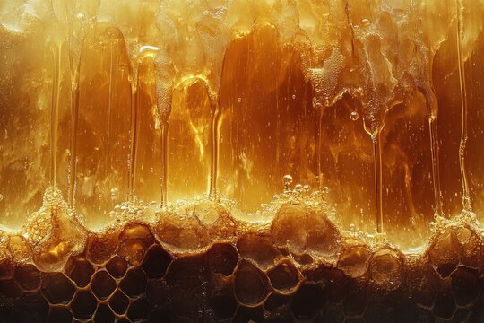 Golden honey flows over honeycomb, creating a mesmerizing, viscous texture with air bubbles.