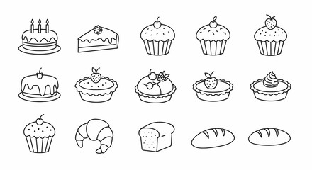 Assorted Desserts and Breads Line Art Vector Illustration