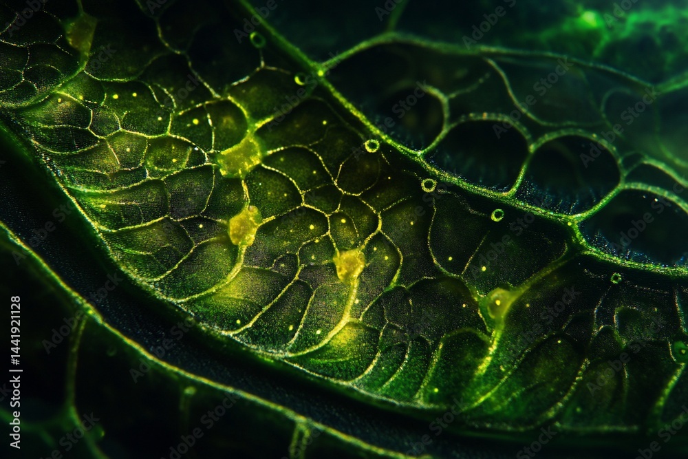 Poster Microscopic view of a leaf's intricate vein structure, showcasing cellular detail and texture.