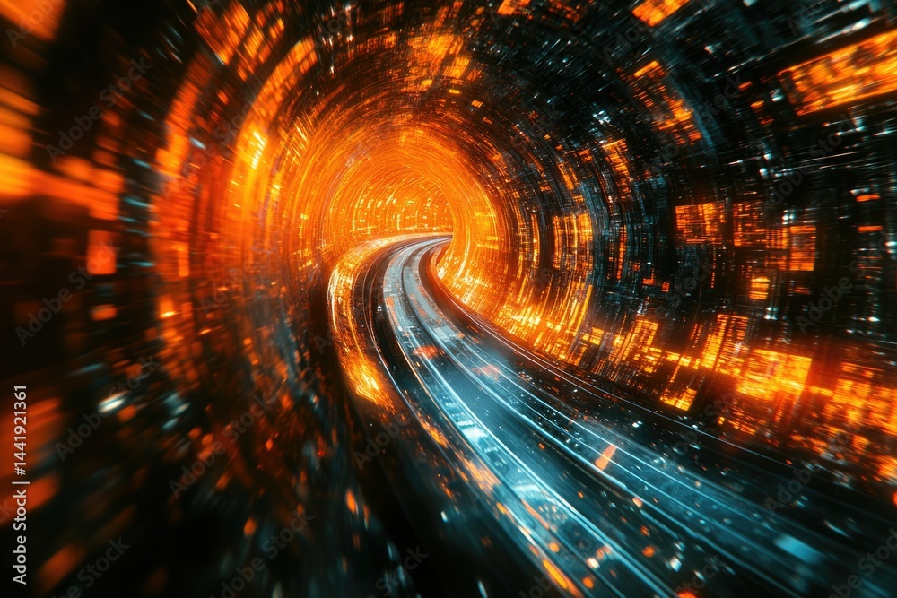 Poster high-speed futuristic tunnel with glowing orange and blue lights, showcasing rapid movement and tech