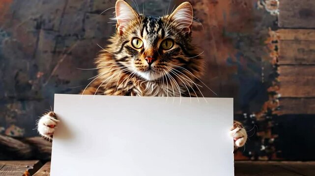 A tabby cat with green eyes is sitting on a wooden floor, holding a blank white card in its paws. Mockup, copy space for your text
