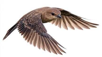 A chimney swift in flight, sleek and streamlined, set against a white background.