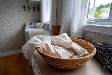 A serene kitchen scene featuring a woven basket filled with neatly folded linen, placed on a wooden table next to a sunny window, highlighting warmth and tranquility at home.