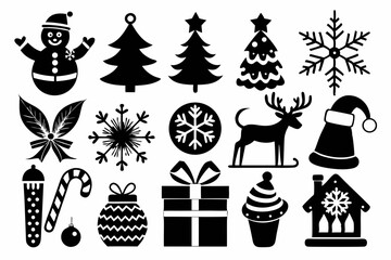 Christmas black and White Icon Set silhouette And White Background