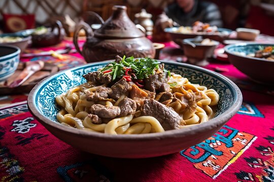 Another hearty serving of Kyrgyz laghman with hand-pulled noodles and lamb sauce, arranged beautifully in a traditional yurt setting, highlighting the flavors of Central Asian food culture. 