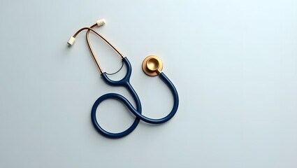 Isolated stethoscope with blue tubing and gold accents on a light blue background in a studio shot