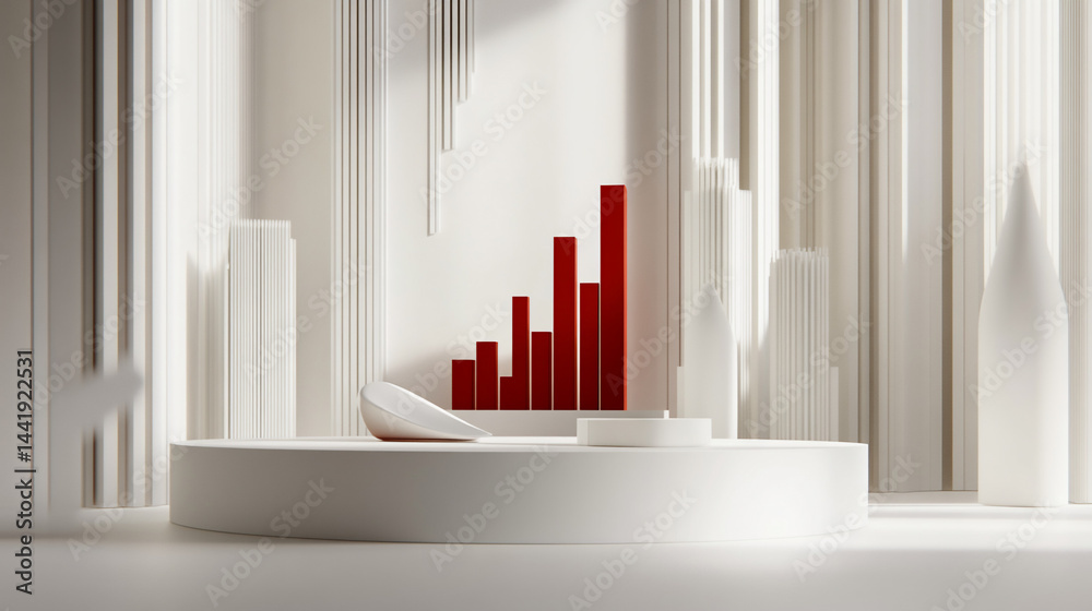 Poster Abstract 3D rendering of a red bar graph rising amidst white city skyscrapers on a circular platform.