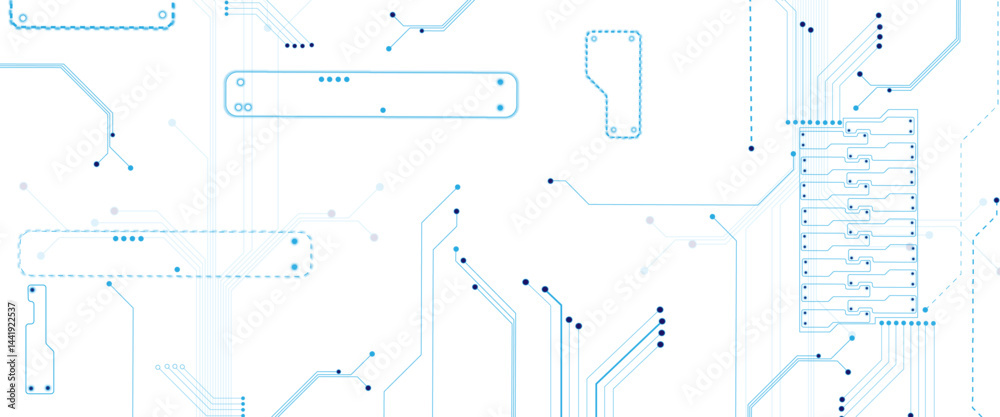 Poster Glowing light blue neon AI chip with thin circuit contact lines. Technology lines circuit and dots on white background, circuit board network connection.