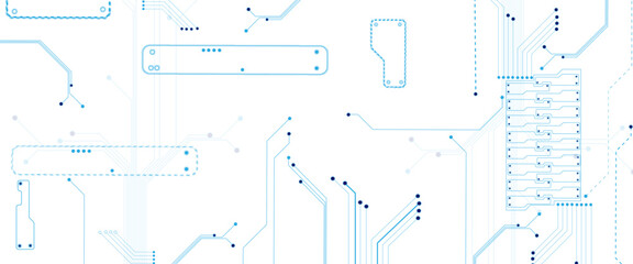 Glowing light blue neon AI chip with thin circuit contact lines. Technology lines circuit and dots on white background, circuit board network connection.