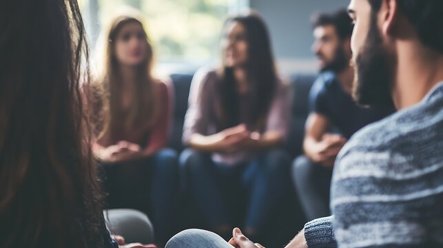 Group Discussion on Mental Health with Diverse Individuals in a Modern Indoor Setting