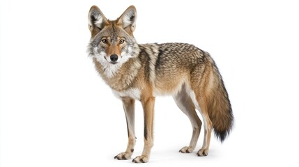 Obraz premium A coyote standing with alert ears, against white