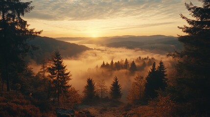Naklejka premium Magnificent sunset over misty mountains, panoramic view in golden light, dramatic peaks in warm glow, stunning natural scenery of mist covering hills at dusk.