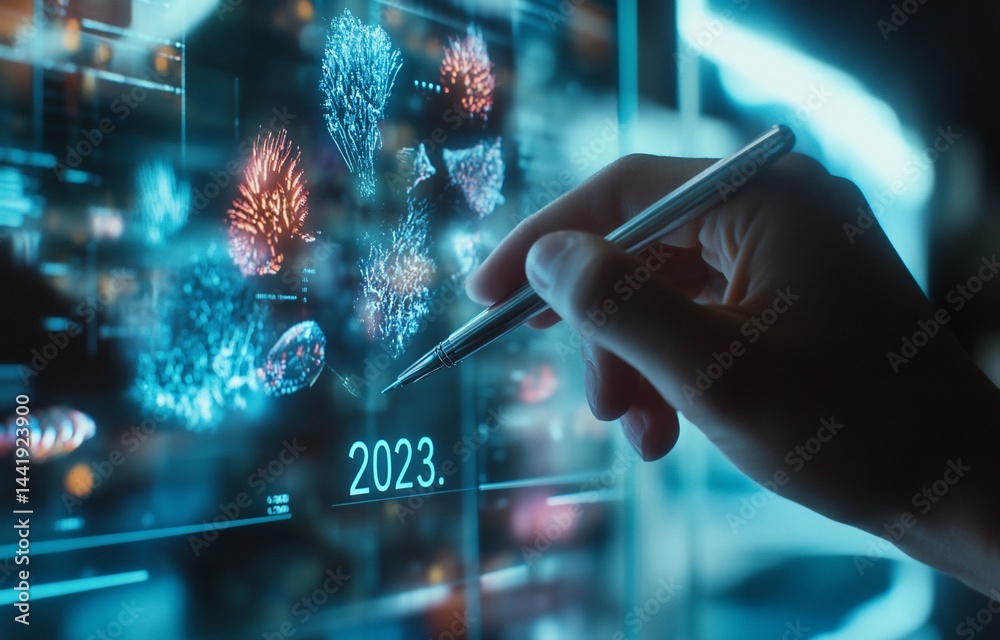 Poster Hand interacts with a futuristic screen displaying 3D models of coral reefs and the year 2023.