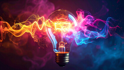 Illuminated light bulb with vibrant energy waves. Abstract design. Dark backdrop.