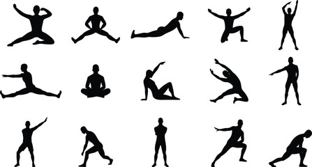 Silhouette Fitness Poses. Male Workout Exercise Stretching Icon Set