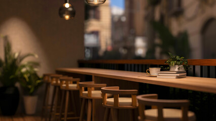 Coffee cup and books on wooden counter with stool chairs under lamp light on balcony. Cafe at night.