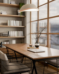 A wooden square table and armchairs next to a glass wall under lamp light in library or study room.