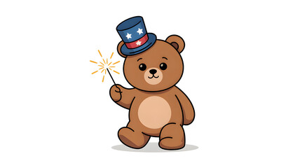 Naklejka premium Cartoon teddy bear celebrating fourth of july with sparkler and patriotic hat