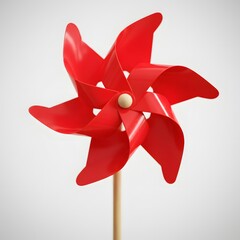 Bright red pinwheel on wooden stick with soft white background