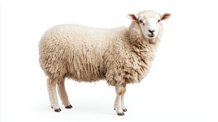 A fluffy sheep standing with thick wool, against white