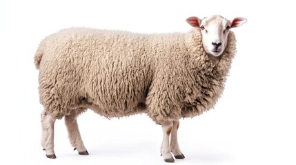 Naklejka premium A fluffy sheep standing with thick wool, against white