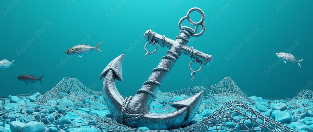 Aufkleber underwater scene with anchor, fish, and net on seabed.