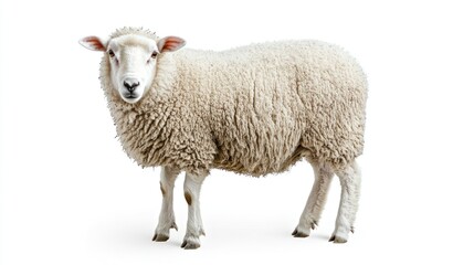 Fototapeta premium A fluffy sheep standing with thick wool, against white