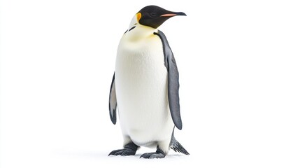 Fototapeta premium A full-grown emperor penguin standing, facing forward, on white