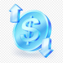 Dollar coin with upward and downward arrows. Material of the icon is blue transparent glass. symbolizing financial growth and decline. Perfect for Business, finance and investment designs. EPS file.