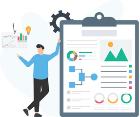Businessman presenting marketing report with charts, graphs, and data analysis on a clipboard, showcasing key performance indicators and business growth

