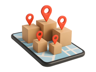 3d illustration of location pins on parcels over smartphone map isolated on transparent or white background, png