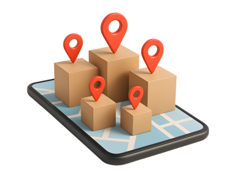 3d illustration of location pins on parcels over smartphone map isolated on transparent or white background, png