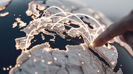 A finger touches a glowing digital world map, highlighting global connections and international networks.