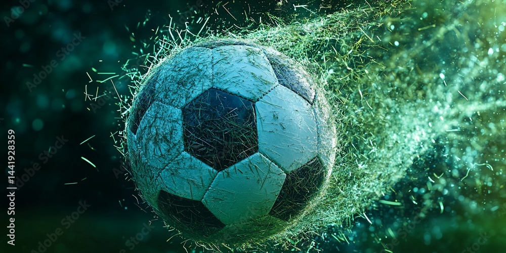 Poster fast-moving soccer ball with grass particles.