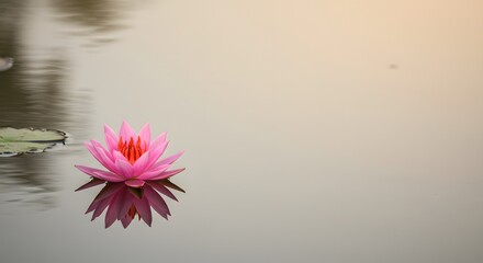 Pink lotus flower floating on calm water in soft morning light