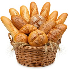 Basket full of various types of bread isolated on white background
