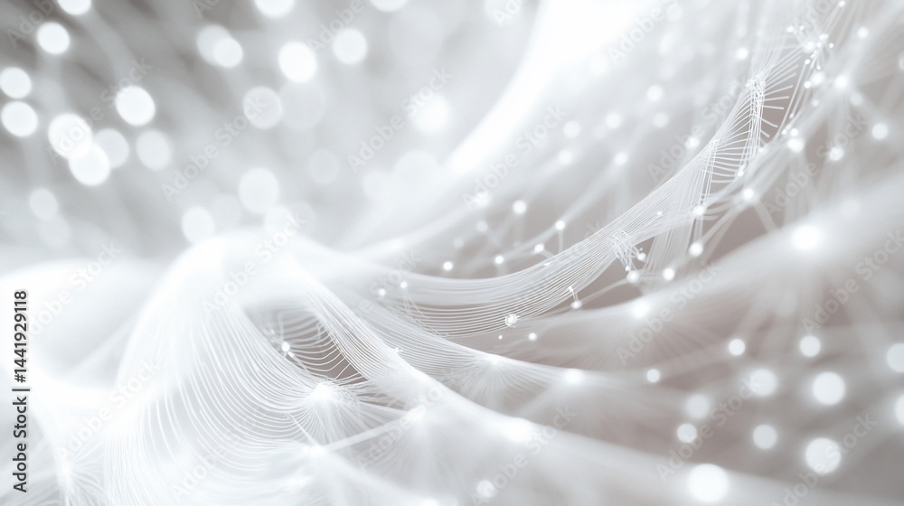 Poster Abstract white and grey flowing lines with bokeh lights, creating a soft, elegant background.