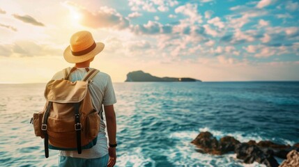 Obraz premium Solo traveler standing by the sea enjoying the view. stock photo --ar 16:9 --raw --v 6 Job ID: 649919fc-842a-42f7-bb3f-a0a4cedcbb73