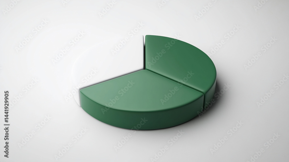 Poster 3D pie chart showing data divided into three sections white, dark green and light green.