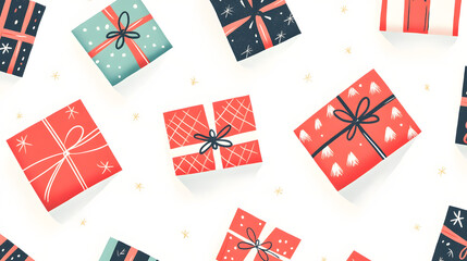 Fototapeta premium gift, box, pattern, present, christmas, vector, ribbon, design, decoration, birthday, bow, pink, holiday, love, seamless, heart, colorful, illustration, red, blue, object, texture, wallpaper