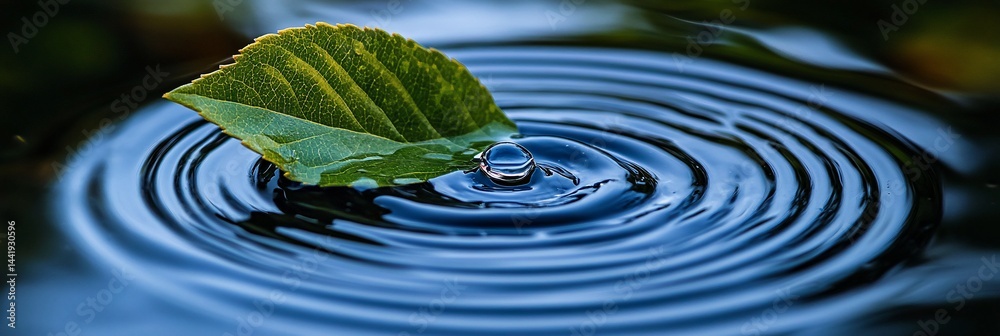 Aufkleber green leaf floats on tranquil water, creating concentric ripples from a single drop.