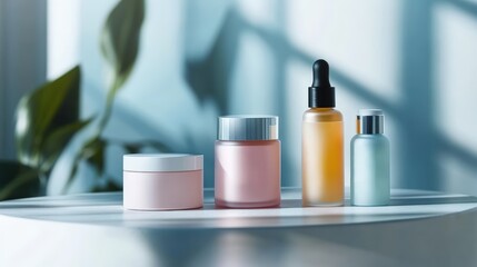 Cosmetic products on table with soft lighting