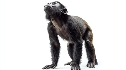 A howler monkey standing on all fours, looking up, on white